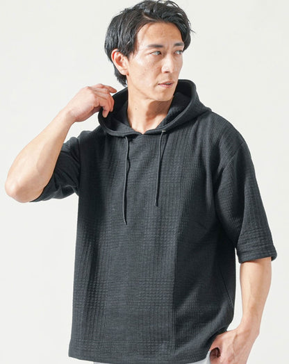 グレンチェック柄オーバーサイズ半袖プルオーバーパーカー