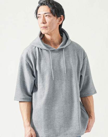 グレンチェック柄オーバーサイズ半袖プルオーバーパーカー