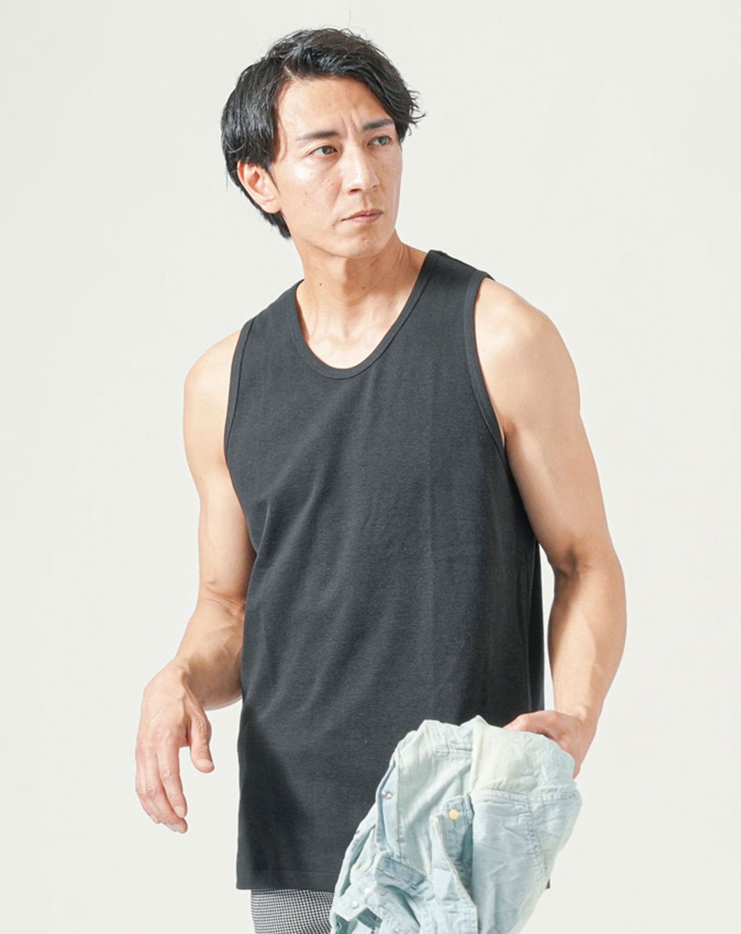 夏用涼しい接触冷感コットン配合ストレッチタンクトップ メンズ