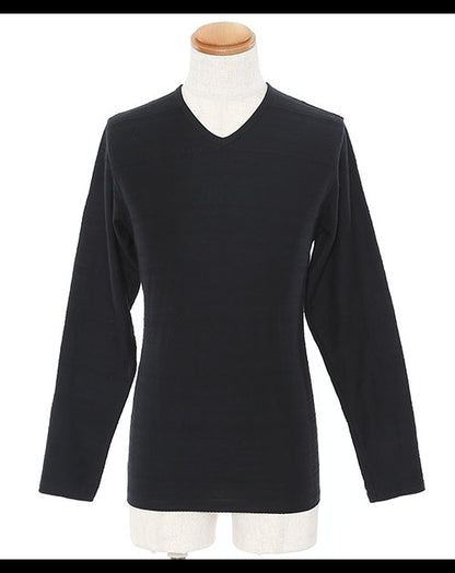 ジャガードボーダーデザインVネック長袖コットンカットソー