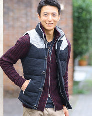 パラシュートボタン切り替えスラブ生地中綿ベスト