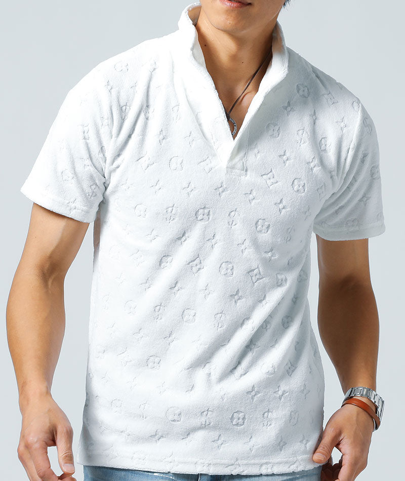 パイル素材モノグラムジャガードスタンドカラー半袖ポロシャツ