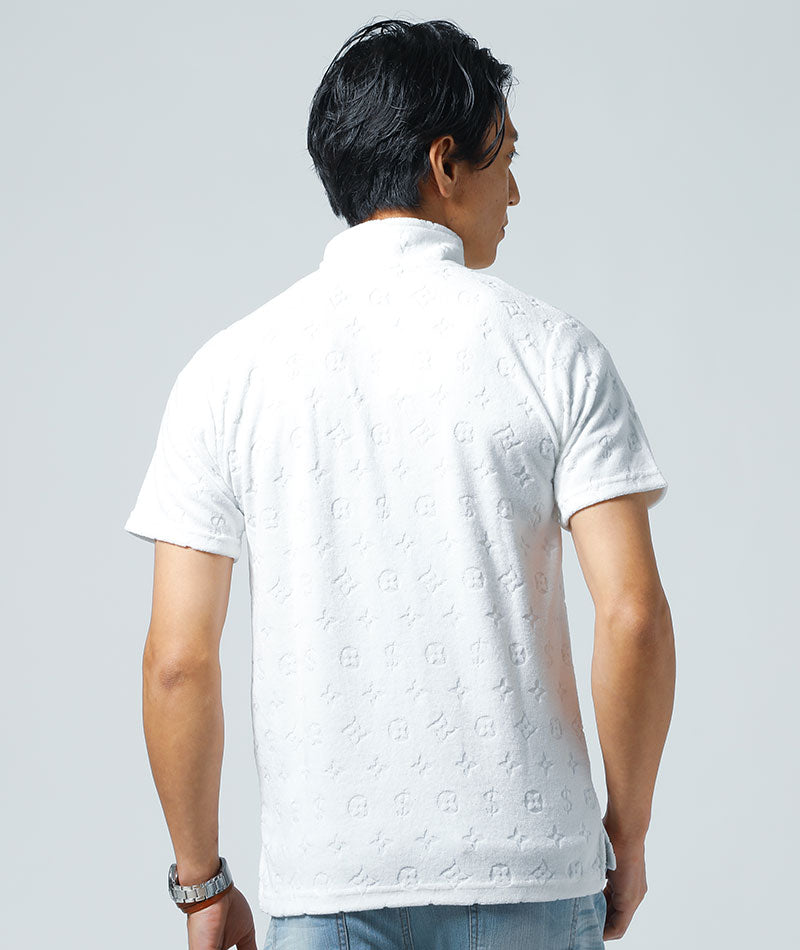 パイル素材モノグラムジャガードスタンドカラー半袖ポロシャツ