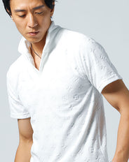 パイル素材モノグラムジャガードスタンドカラー半袖ポロシャツ