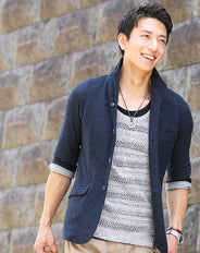 裏地デザインスラブパイルイタリアンスタンドカラー7分袖ジャケット