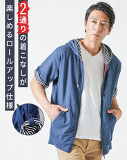 裏地ボーダーロールアップ7分袖ジップアップパーカー