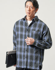 ケミカルウォッシュオーバーサイズ長袖オンブレチェックシャツ