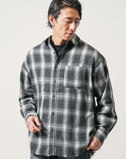 ケミカルウォッシュオーバーサイズ長袖オンブレチェックシャツ