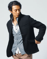 ワッフル編みウール混イタリアンスタンドカラー長袖ジャケット