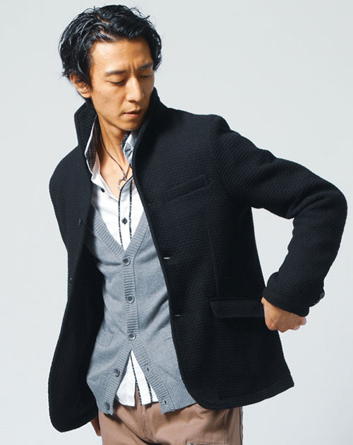 メンズにおすすめのウール混スタンドカラーブラック秋ジャケット