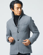 ワッフル編みウール混イタリアンスタンドカラー長袖ジャケット