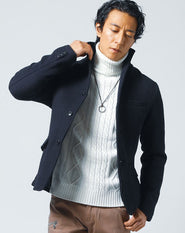 ワッフル編みウール混イタリアンスタンドカラー長袖ジャケット