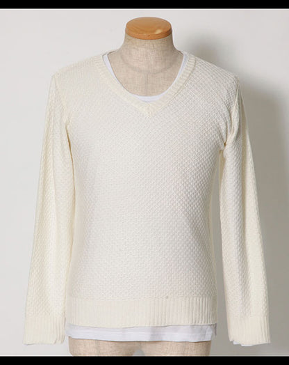 ハニカムメッシュＶネックニット×長袖カットソー　２点セット