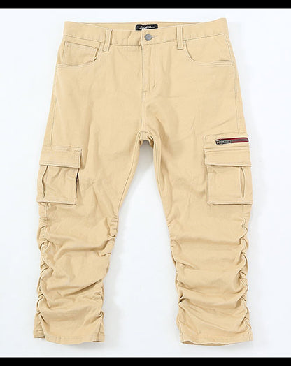 シャーリング加工ジップ付きストレッチチノカーゴクロップドパンツ