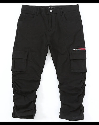 シャーリング加工ジップ付きストレッチチノカーゴクロップドパンツ