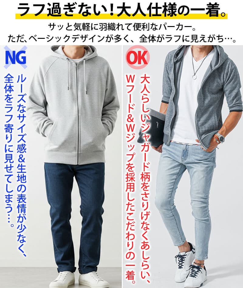 ジャガードデザインダブルジップ５分袖パーカー