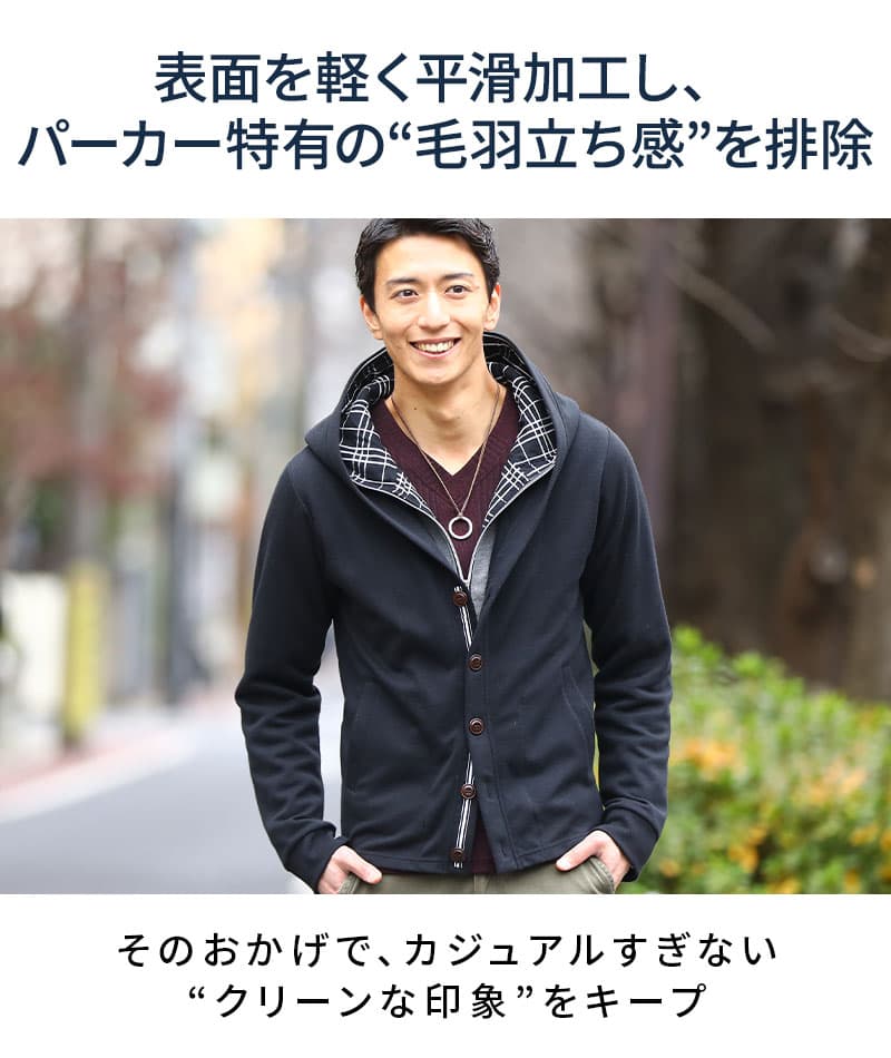 フェイクレイヤードダブルフードジップボタンパーカー