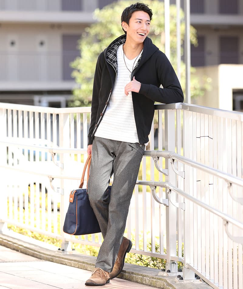 フェイクレイヤードダブルフードジップボタンパーカー