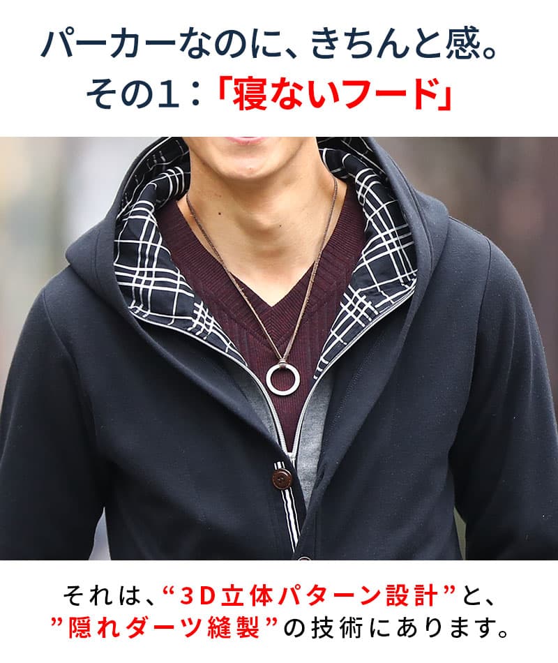 フェイクレイヤードダブルフードジップボタンパーカー