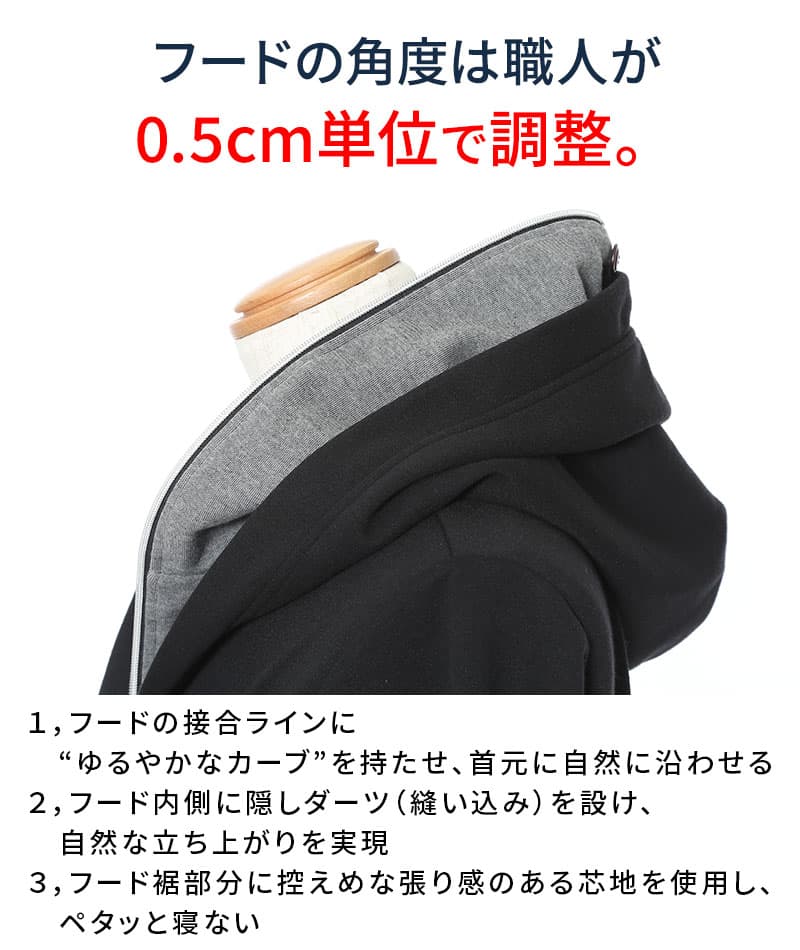 フェイクレイヤードダブルフードジップボタンパーカー