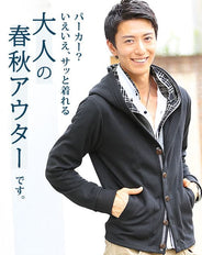 フェイクレイヤードダブルフードジップボタンパーカー