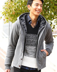 フェイクレイヤードダブルフードジップボタンパーカー