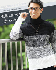 編み地切り替えグラデーションコットン100Vネックニット