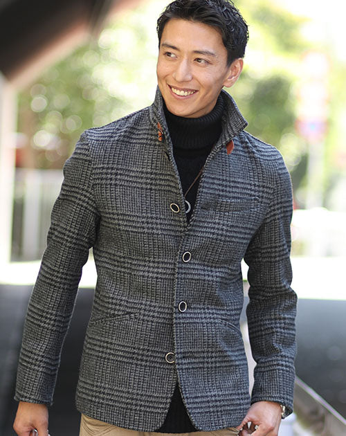 日本製レザーベルト付きショート丈メルトンイタリアンスタンドコート