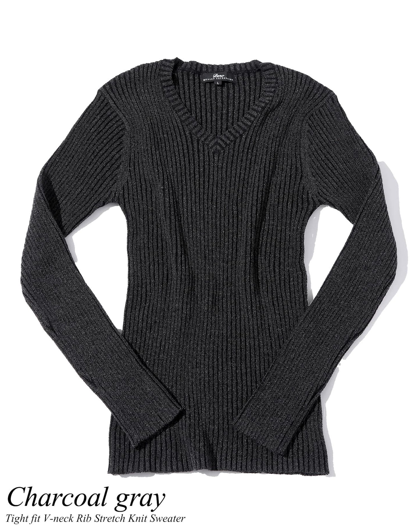 二重臼リブ編みストレッチVネックニット