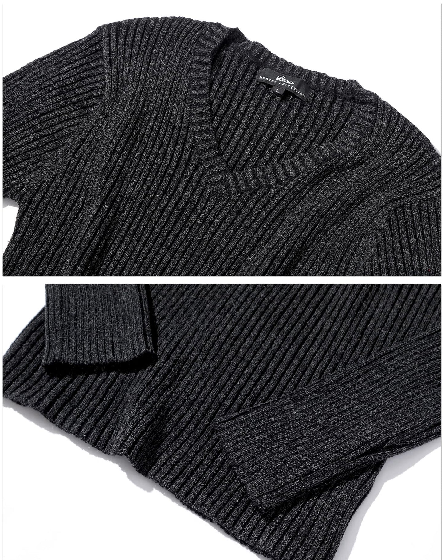 二重臼リブ編みストレッチVネックニット