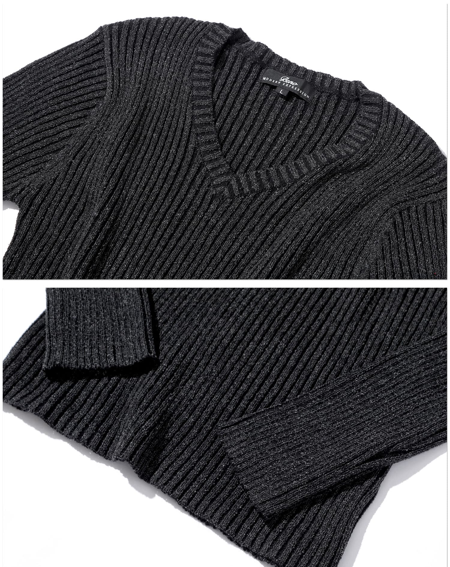 二重臼リブ編みストレッチVネックニット