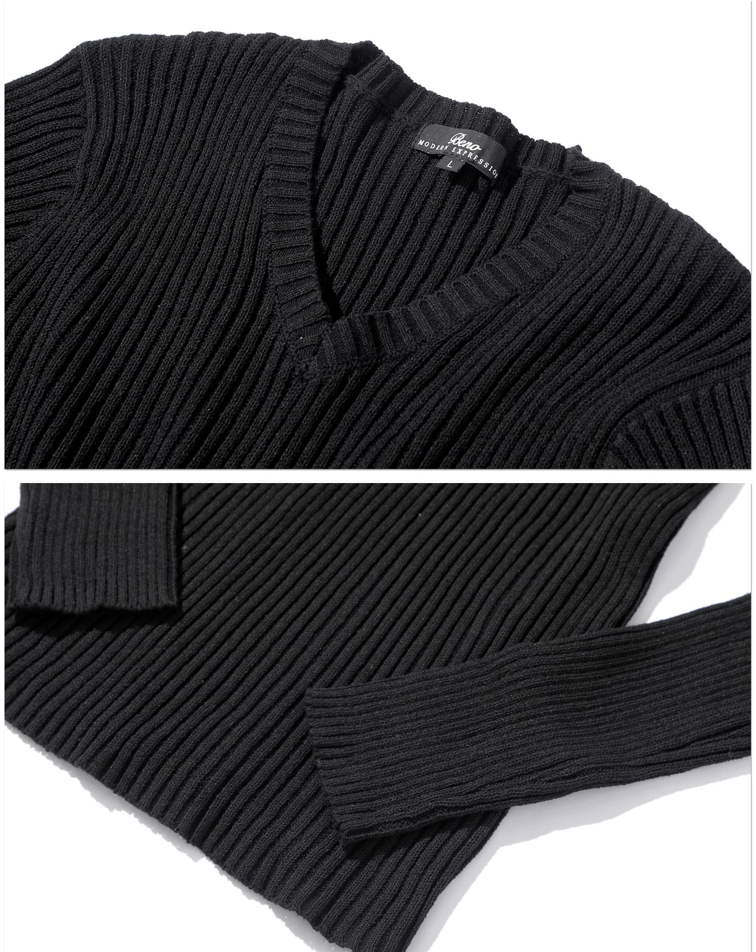 二重臼リブ編みストレッチVネックニット