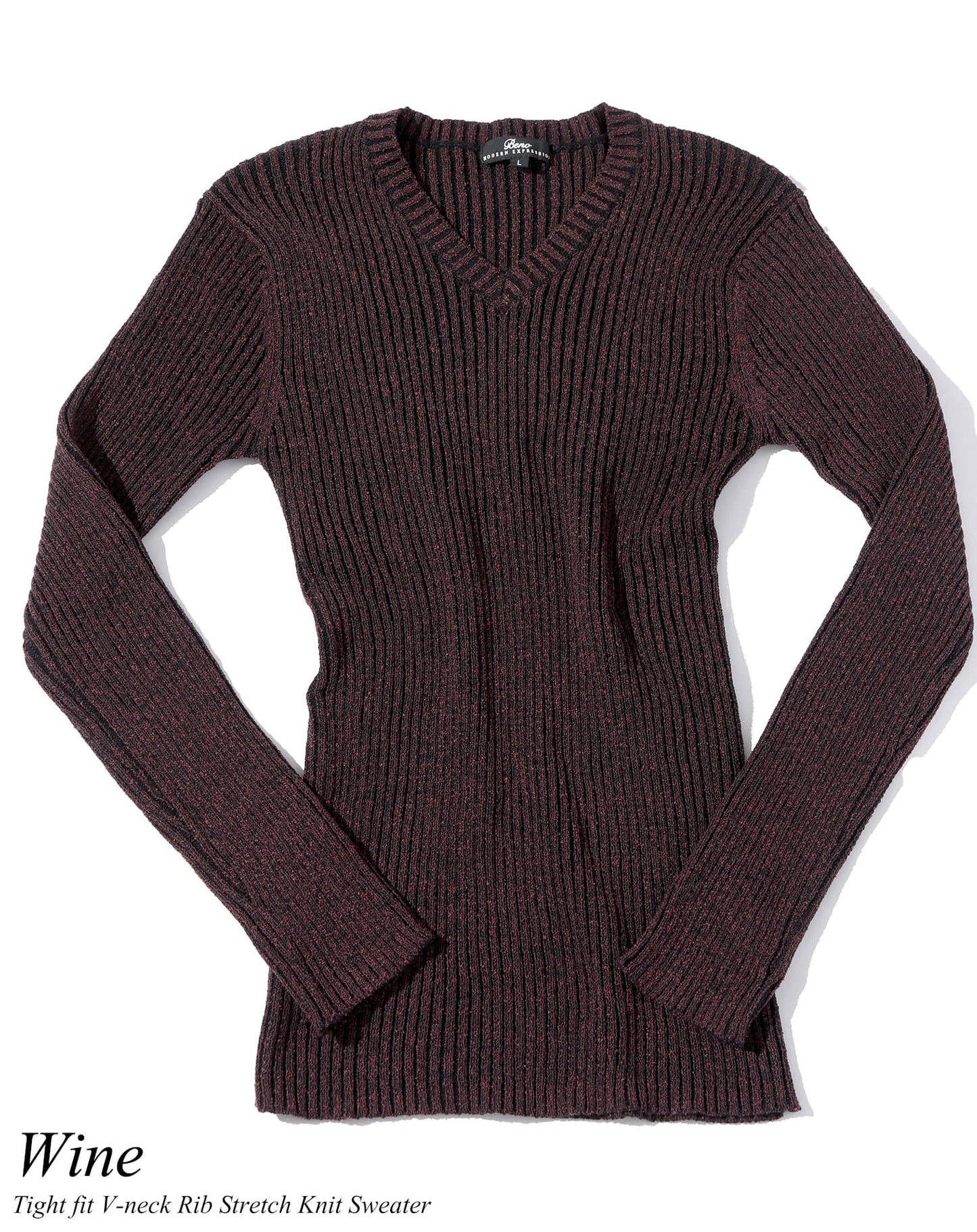 二重臼リブ編みストレッチVネックニット