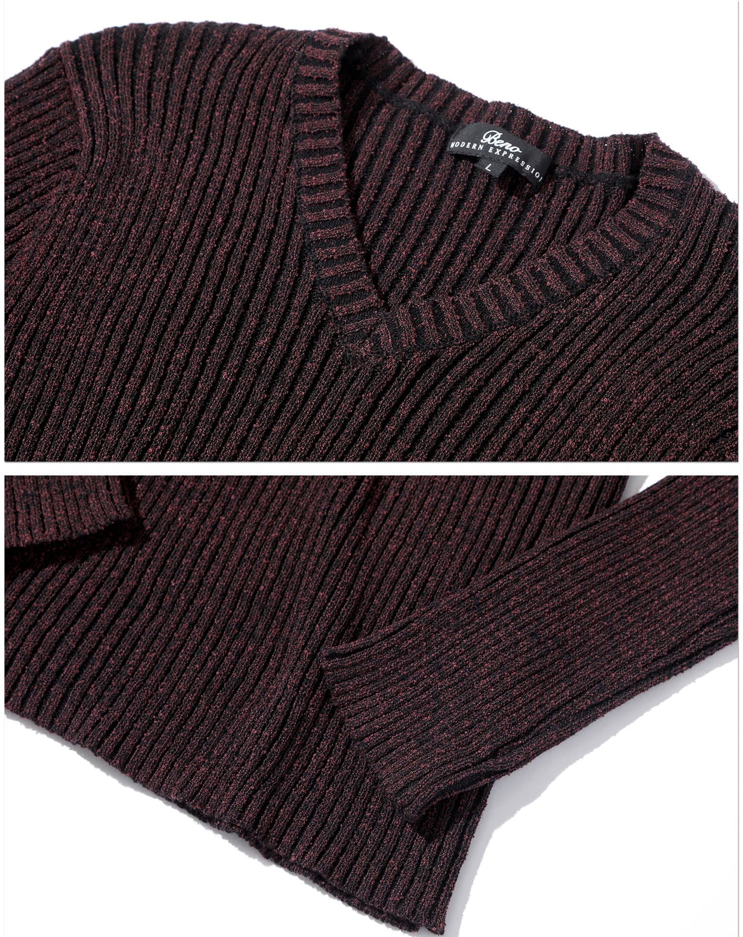 二重臼リブ編みストレッチVネックニット