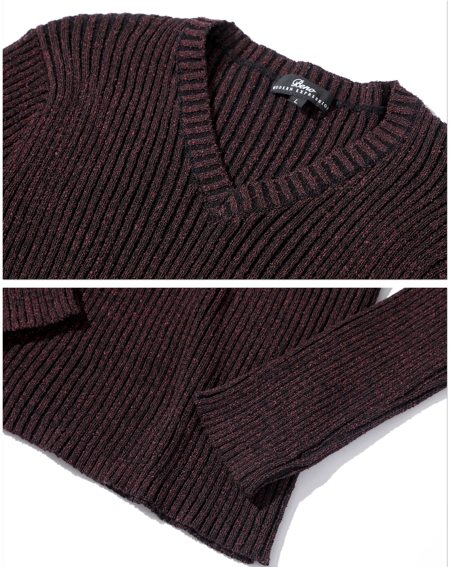 二重臼リブ編みストレッチVネックニット