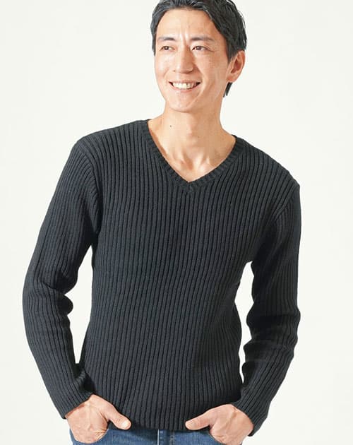 二重臼リブ編みストレッチVネックニット