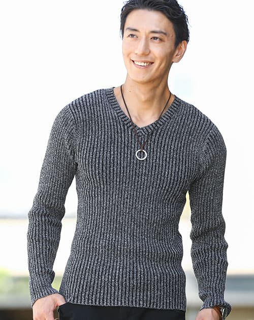 二重臼リブ編みストレッチVネックニット
