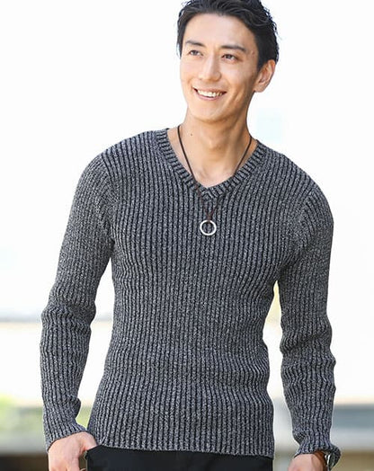 二重臼リブ編みストレッチVネックニット