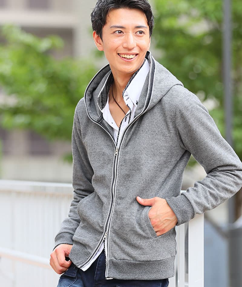 おじさん見えしない二重フード・細身・着丈短めジャガード柄ダブルジップパーカー