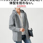 体型カバー綿100％厚手ヒッコリーストライプフード付きワイヤー入りセミロング丈ボタンシャツパーカージャケット