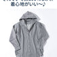 体型カバー綿100％厚手ヒッコリーストライプフード付きワイヤー入りセミロング丈ボタンシャツパーカージャケット