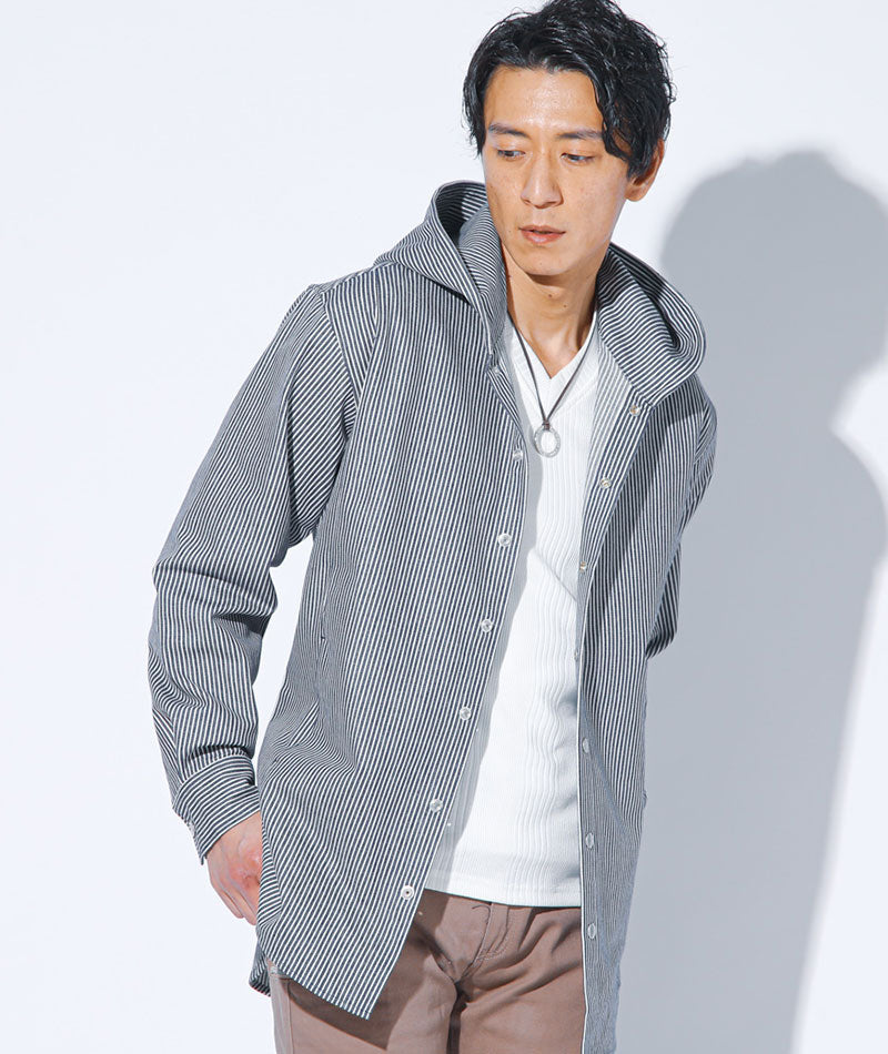 体型カバー綿100％厚手ヒッコリーストライプフード付きワイヤー入りセミロング丈ボタンシャツパーカージャケット