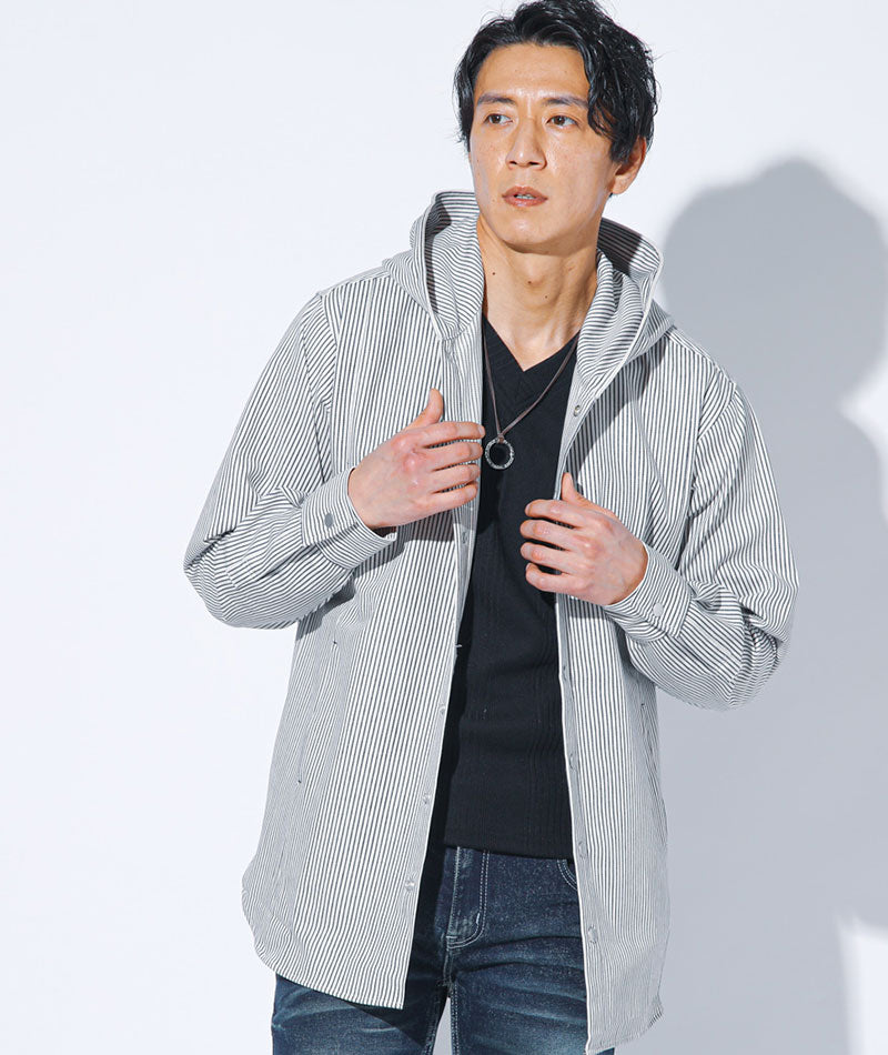 体型カバー綿100％厚手ヒッコリーストライプフード付きワイヤー入りセミロング丈ボタンシャツパーカージャケット