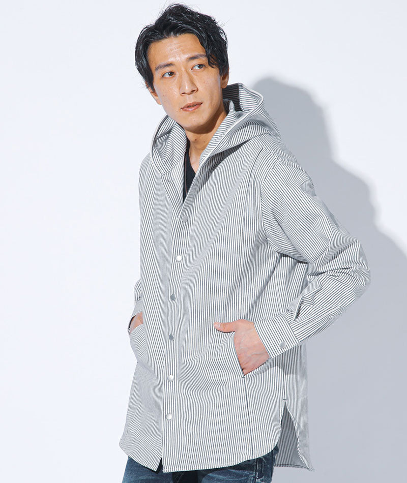 体型カバー綿100％厚手ヒッコリーストライプフード付きワイヤー入りセミロング丈ボタンシャツパーカージャケット