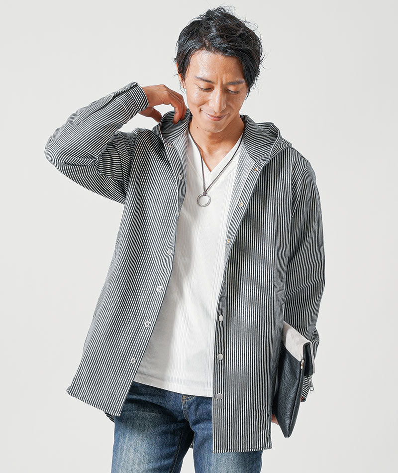 体型カバー綿100％厚手ヒッコリーストライプフード付きワイヤー入りセミロング丈ボタンシャツパーカージャケット