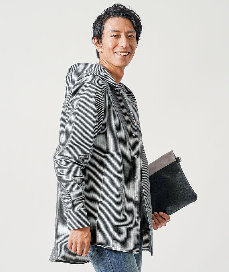 体型カバー綿100％厚手ヒッコリーストライプフード付きワイヤー入りセミロング丈ボタンシャツパーカージャケット