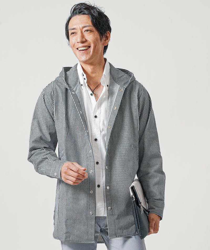 体型カバー綿100％厚手ヒッコリーストライプフード付きワイヤー入りセミロング丈ボタンシャツパーカージャケット