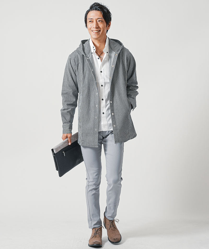 体型カバー綿100％厚手ヒッコリーストライプフード付きワイヤー入りセミロング丈ボタンシャツパーカージャケット