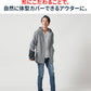 体型カバー綿100％厚手ヒッコリーストライプフード付きワイヤー入りセミロング丈ボタンシャツパーカージャケット