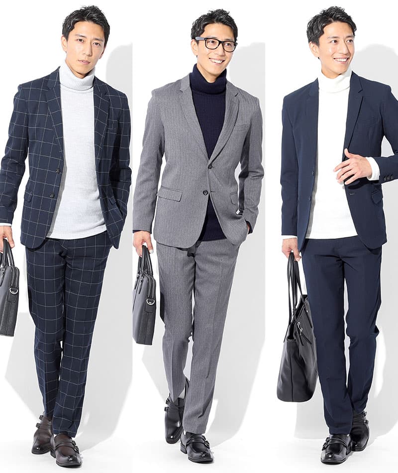 日本製　ウール混スリムフィット伸縮性抜群タートルネック